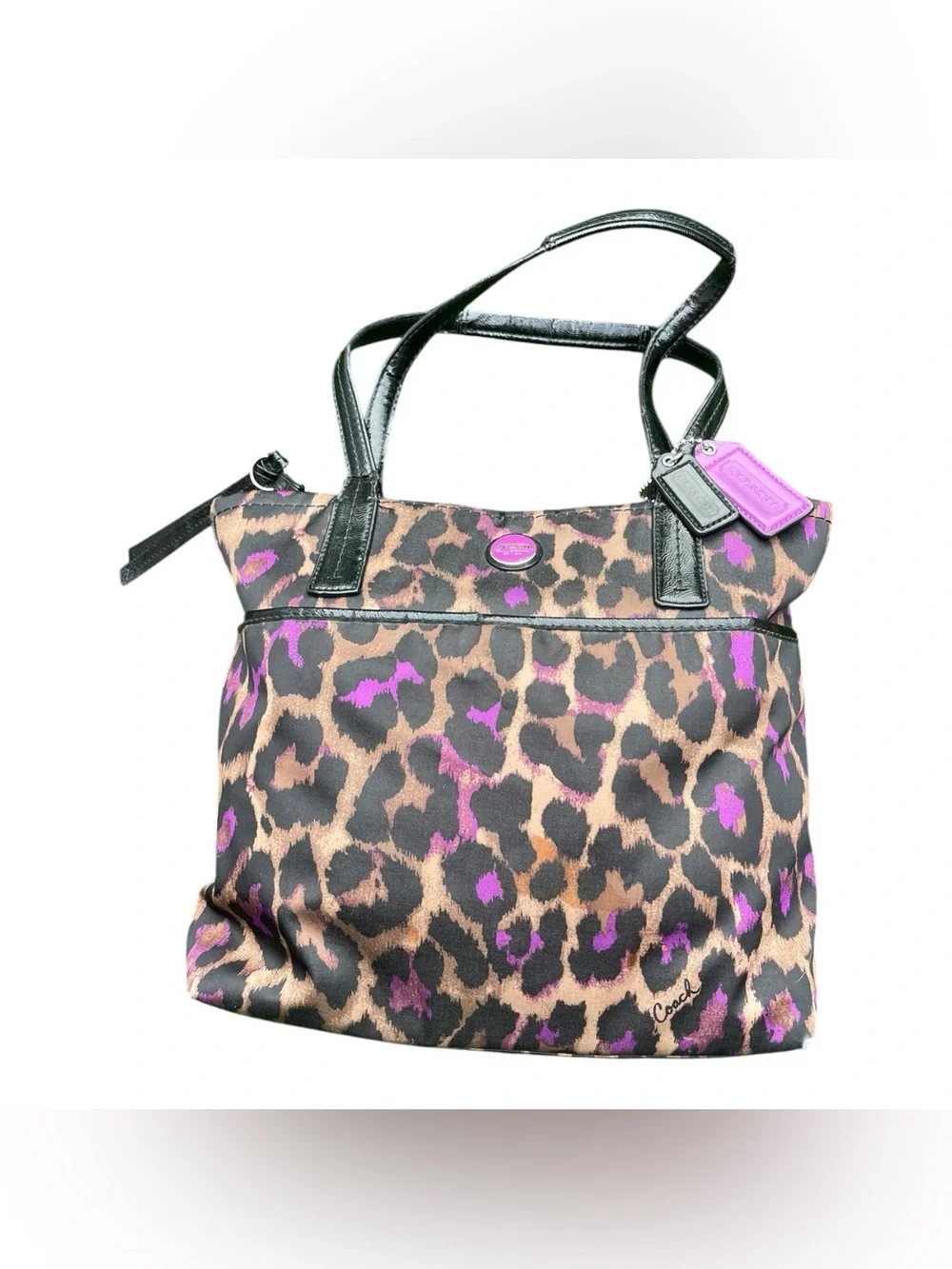 Coach Leopard Print Nylon Tote Bag with Purple Accents – Stylish & Versatile